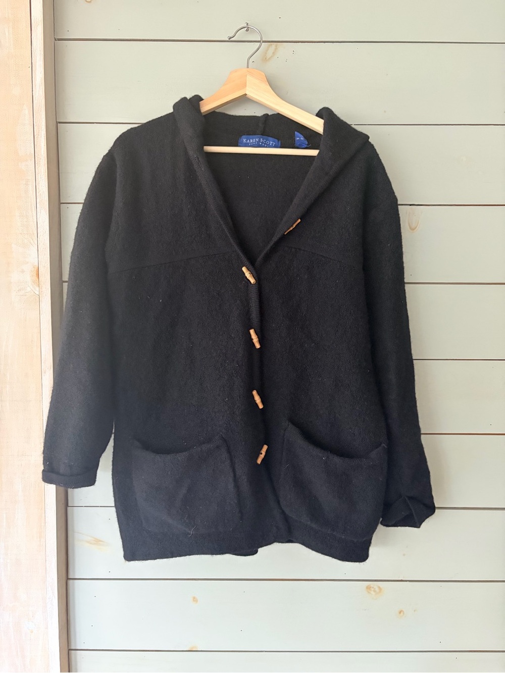 Karen Scott Pure Wool Black Hooded Toggle Cardigan Jacket Size L